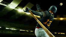 Poster With Professional Baseball Player With Baseball Bat In Action During Match In Crowed Sport Stadium At Evening Time. Sport, Win, Winner, Competition Concepts.