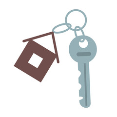 Poster - Key with keychain semi flat color vector object. Full sized item on white. Buying new house. Newlywed apartment. Simple cartoon style illustration for web graphic design and animation