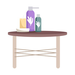 Poster - Low height table with cosmetic bottles semi flat color vector object. Plastic shampoo dispensers. Full sized item on white. Simple cartoon style illustration for web graphic design and animation