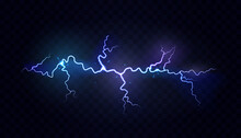 Dangerous And Powerful Electric Lightning Effect With Neon, Dark Sky. Vector Illustration, Thunderbolt Shining And Glowing In Evening. Storm And Sparking Flashlight, Bright Realistic Blast