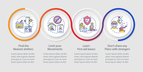 Actions to stay safe during war loop infographic template. Survive steps. Data visualization with 4 steps. Process timeline info chart. Workflow layout with line icons. Myriad Pro-Regular font used