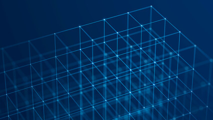 Wall Mural - 3D cube of lines and dots. Wireframe polygonal element on dark background. Science and technology. 3d