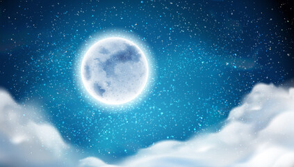 Aufkleber - Starry sky with clouds and constellations, celestial bodies and full moon. Vector flat cartoon, background of nature, glowing lunar planet. Romantic evening or calm night wallpaper print
