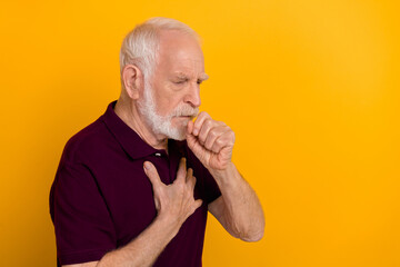 Sticker - Photo of sick elder grey hairdo man sick wear blueberry t-shirt isolated on yellow color background