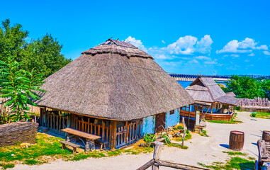 Poster - The houses of Zaporizhian Sich scansen, Khortytsia Island, Zaporizhzhia, Ukraine