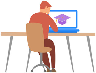Poster - Interface of educational website. Online courses, virtual school, internet education. Webpage template, landing page. Man using program for distance learning. Best methods of self study concept