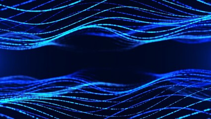 Poster - Shimmer animated double wave. Plexus of lines, strings. Connection water and ice. Glow blue threads. Diffusion  science. LED strip. Collision flows. Yin and yang. Background technology, business. 4k.
