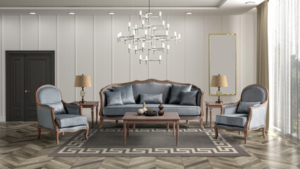 Wall Mural - 3D rendering of neoclassical living room interior. furniture set