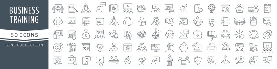 Poster - Business training and workshop line icons collection. Big UI icon set in a flat design. Thin outline icons pack. Vector illustration EPS10