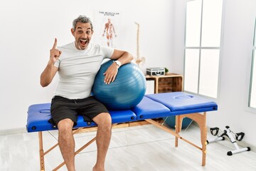 Poster - Middle age hispanic man at pain recovery clinic holding pilates ball pointing finger up with successful idea. exited and happy. number one.