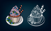Blueberry Cupcake On Plates Vector Coloring Book. Cupcake Vector Doodles. Cupcakes On Black Background Vector Sketch.menu Dessert Chalk Vector