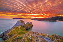 Three Cliffs Bay Sunset In The Gower, Swansea, South Wales