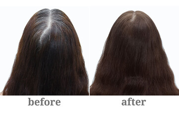 Gray hair on the crown of woman's head. Hair coloring. Before and after.