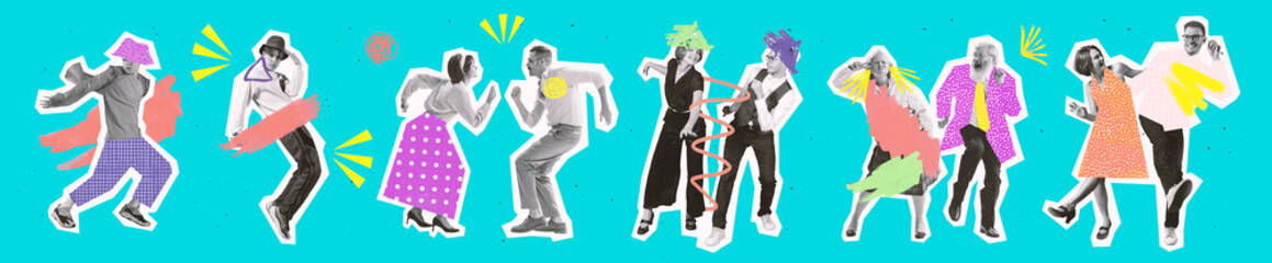 Poster - Timeless rock-and-roll. Contemporary art collage. Dancing couples in retro 70s, 80s styled clothes over bright background with drawings. Concept of art, music, fashion.