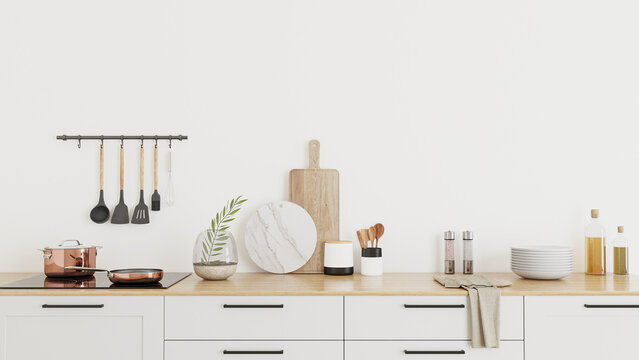 set of utencils in the kitchen on wooden countertop with white cabinets, 3d rendering