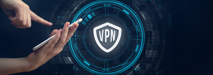 Wall Mural - VPN Virtual Private Network protocol, banner. Cyber security and privacy connection technology. Anonymous Internet concept