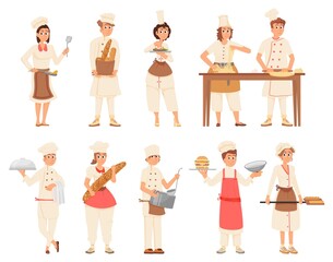 Restaurant team. Catering and waiters staff, isolated cafe workers. Cook in uniform, serving group. Cartoon people with food and fresh bread decent vector set