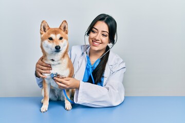 Beautiful hispanic veterinarian woman checking dog health smiling with a happy and cool smile on face. showing teeth.