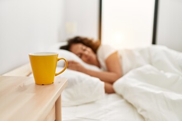 Sticker - Middle age hispanic woman sleeping on the bed at bedroom