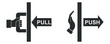 Push and pull to open door vector icon on white background. Hand to open and closed door. Black silhouette.