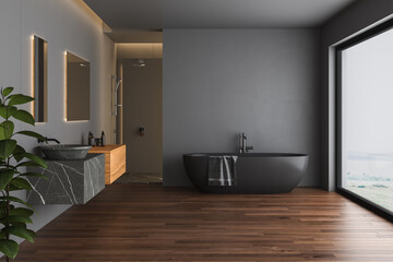 Dark bathroom interior with black parquet floor, black bathtub, black toilet and square mirrors, shower, front view. Minimalist black bathroom with modern furniture. 3d rendering
