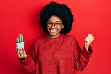 Young african american woman holding small cactus pot screaming proud, celebrating victory and success very excited with raised arm