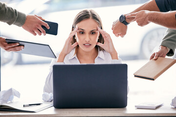 Poster - Can you let me do one thing. Shot of an attractive young businesswoman sitting in the office and feeling stressed while her colleagues put pressure on her.