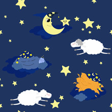 Seamless Pattern White Sheep Jumping In The Night Sky And A Cloud In A Nightcap And The Sun. Pattern For Pajamas, Bed For Children, Clothes In Children's Flat Style.