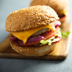 Sticker - Traditional homemade cheeseburgers with pickles