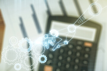 Aufkleber - Double exposure of abstract virtual robotics technology hologram on blurry calculator background. Research and development software concept