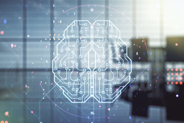 Aufkleber - Double exposure of creative artificial Intelligence interface on a modern meeting room background. Neural networks and machine learning concept