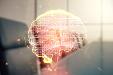 Aufkleber - Double exposure of creative artificial Intelligence interface on a modern meeting room background. Neural networks and machine learning concept