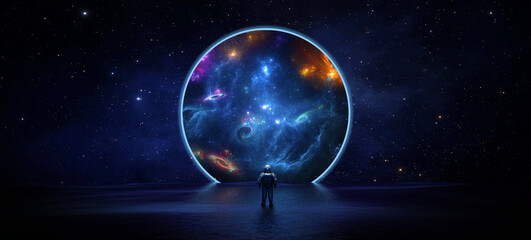 astronaut cosmonaut discovery of new worlds of galaxies panorama, fantasy portal to far universe. as