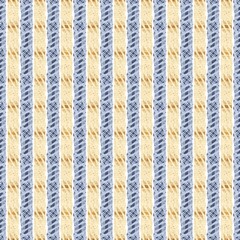 Seamless French country kitchen stripe fabric pattern print. Blue yellow white vertical striped background. Batik dye provence style rustic woven cottagecore textile. 