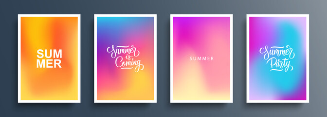 Fototapete - Summer theme blurred backgrounds with abstract blurred color gradient patterns and hand drawn lettering. Summertime set for brochures, posters, banners, flyers and cards. Vector illustration.