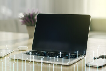 Aufkleber - Creative abstract micro circuit sketch on modern laptop background, future technology and AI concept. Double exposure