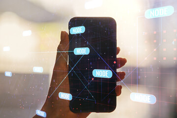 Aufkleber - Multi exposure of abstract creative coding sketch and hand with phone on background, artificial intelligence and neural networks concept