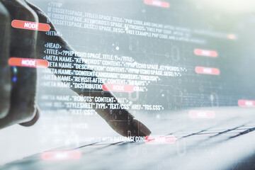 Aufkleber - Multi exposure of abstract creative coding sketch and hands typing on computer keyboard on background, artificial intelligence and neural networks concept