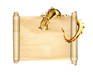 Sticker - Golden dragon and scroll of old parchment. Object isolated on white background