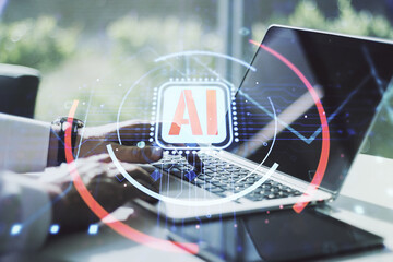 Poster - Double exposure of creative artificial Intelligence abbreviation with hand typing on computer keyboard on background. Future technology and AI concept