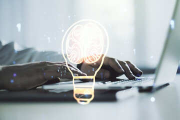 Aufkleber - Creative light bulb illustration with human brain and with hands typing on computer keyboard on background, future technology concept. Multiexposure