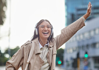 Poster - I hope this cab stops for me. Shot of a young businesswoman hailing a cab in town.