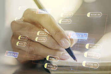 Aufkleber - Multi exposure of abstract software development hologram and man hand writing in notebook on background, research and analytics concept