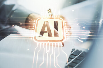 Poster - Creative artificial Intelligence symbol concept with hand writing in notebook on background with laptop. Multiexposure