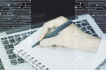 Aufkleber - Creative abstract micro chip hologram and hand writing in diary on background with laptop, artificial intelligence and machine learning concept. Multi exposure