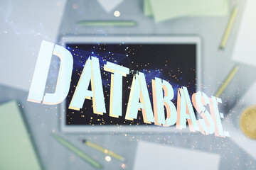 Aufkleber - Double exposure of creative Database word hologram and digital tablet on background, top view, research and development concept