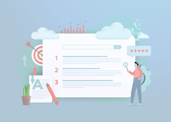 Poster - Website Seo ranking in search engines results page. The ratio of optimized content, keywords, backlinks and behavioral seo factors. Flat design 3d vector illustration