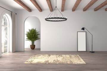 3D render Modern interiors empty room .plant vase. floor parquet. photo frame