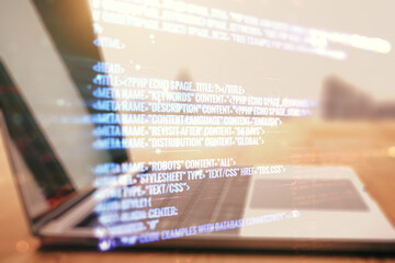 Poster - Multi exposure of abstract software development hologram on laptop background, research and analytics concept