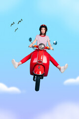 Poster - Photo illustration collage of funky girl courier careless driver accidentally turn out she in high sky cant drive safely